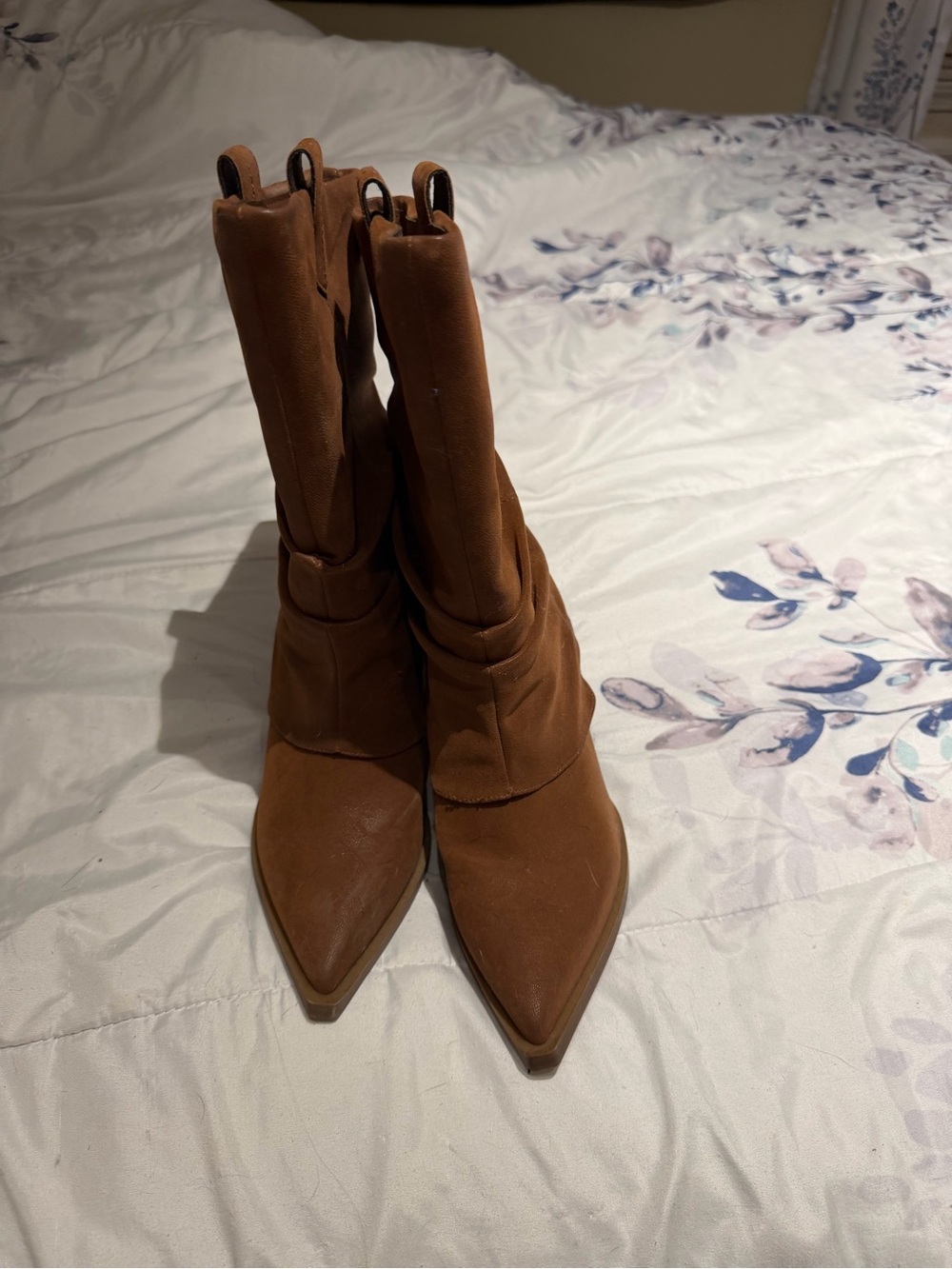 MIA Cognac Pointed-Toe Mid-Calf Heeled Boots